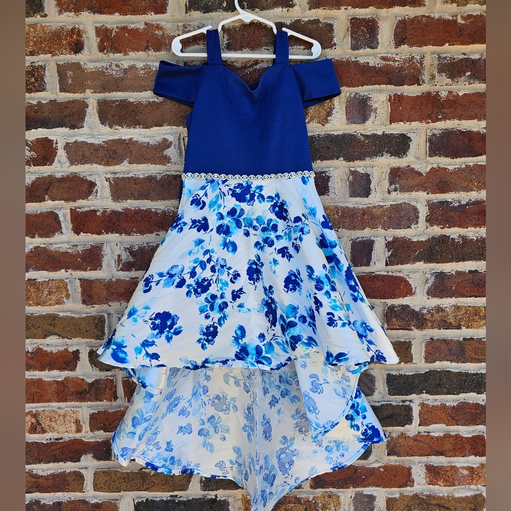 Speechless Blue and White Fit and Flare Dress with Cold Shoulder